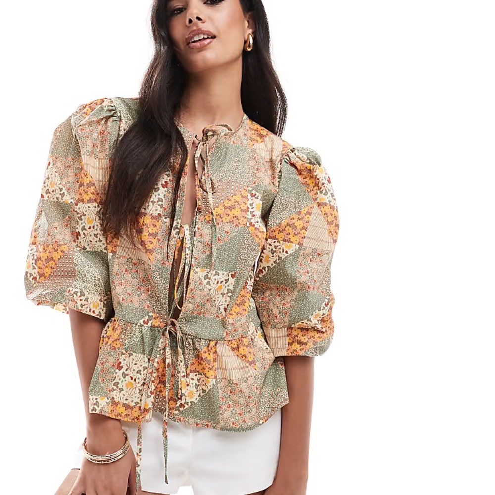 ASOS DESIGN Cotton Poplin Tie Front Patchwork Cottagecore Puff Sleeve Top XS